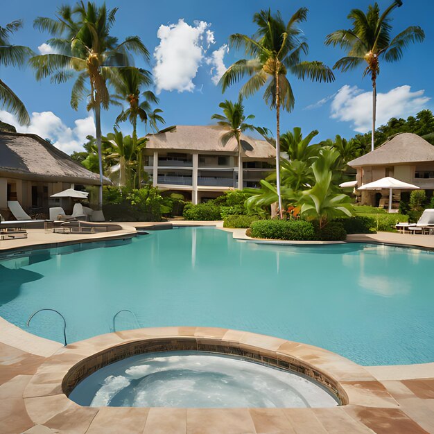 une piscine avec des palmiers et un bâtiment en arrière-plan