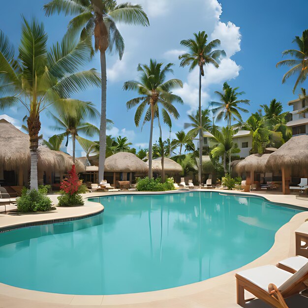 une piscine avec des palmiers et un ciel bleu