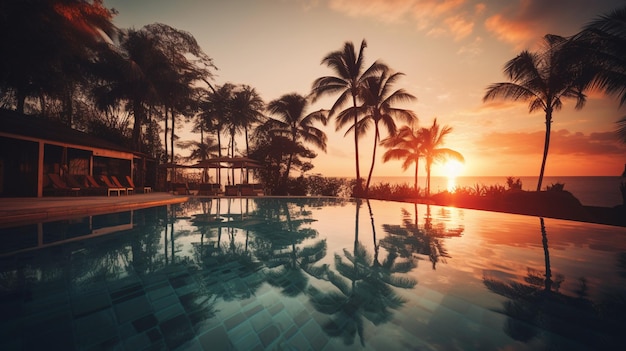 Une piscine avec des palmiers et le coucher de soleil derrière