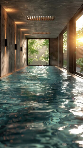 une piscine avec un panneau disant de l'eau sur le fond