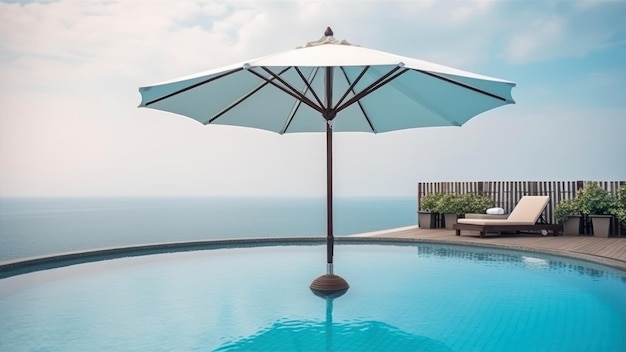 Une piscine avec un parasol blanc et une piscine bleue avec vue sur la mer en arrière-plan