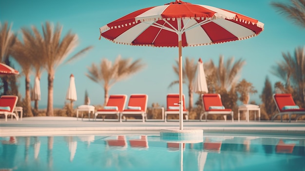 Une piscine avec un parasol rouge et blanc à côté