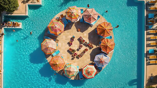 Une piscine avec des parasols colorés et une scène de plage avec le mot "l" dessus