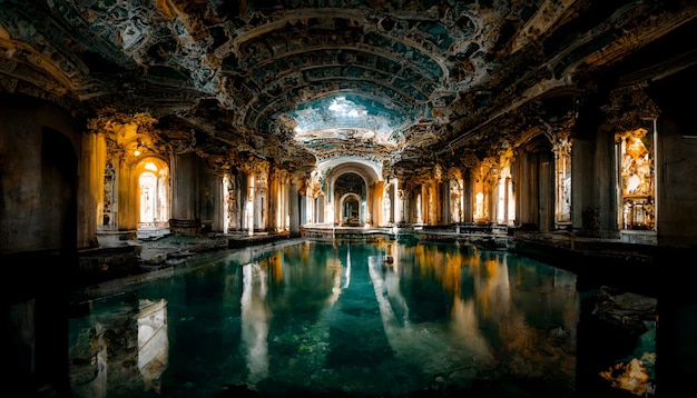 Piscine perdue dans une grotte avec piliers et art généré par un réseau neuronal d'eau turquoise