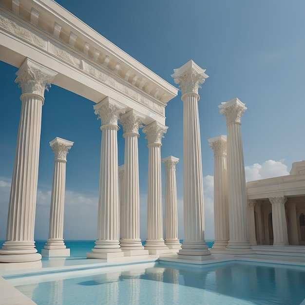 Une piscine avec une piscine et une piscine avec un ciel bleu en arrière-plan.