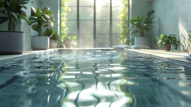 une piscine avec une plante dans l'eau et une plante dans le coin