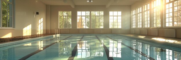 une piscine avec une réflexion d'arbres dans l'eau