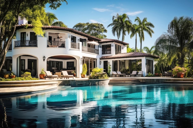 Une piscine de résidence moderne de luxe tropical et des palmiers tranquilles