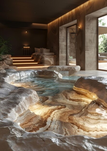 Une piscine de roche se trouve au centre de la pièce entourée d'un sol en bois dur