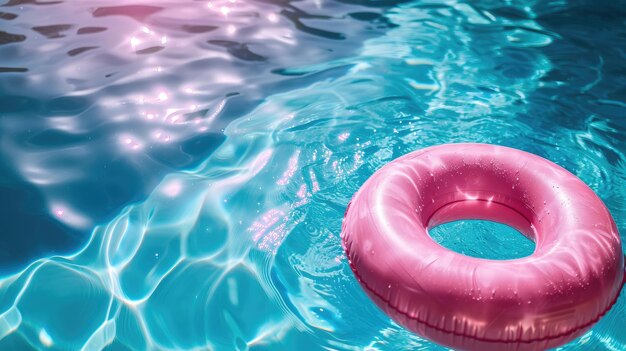 Une piscine rose vibrante flotte à la dérive dans la piscine bleue cristalline