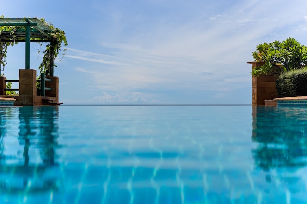 Piscine sans fin avec paysage naturel de fond de ciel bleu.