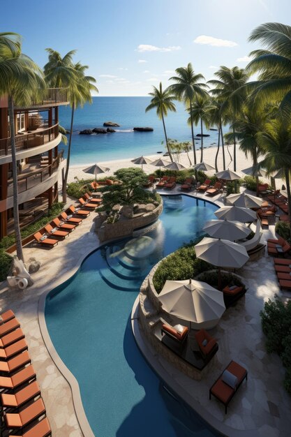 Une piscine spacieuse avec vue sur l'océan avec une plage de palmiers et des commodités Generative AI