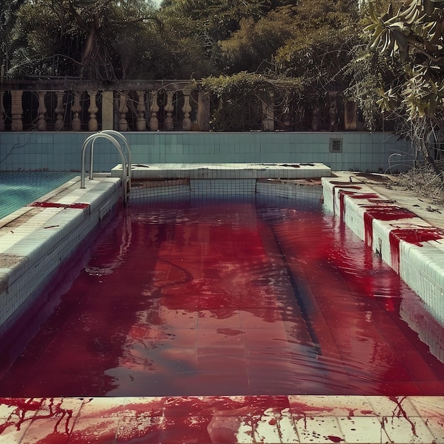 une piscine avec une substance rouge qui a le mot sang dessus