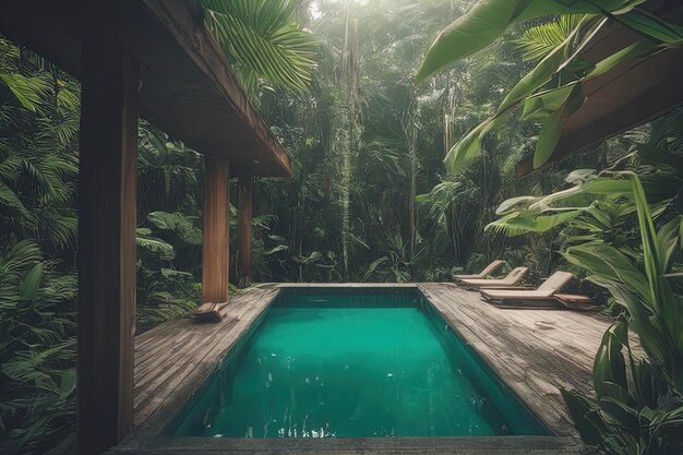 piscine tropicale avec des arbres verts et des plantes piscine dans une forêt tropicale