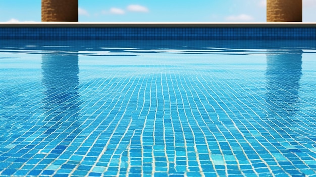 Une piscine avec des tuiles bleues et le mot piscine dessus