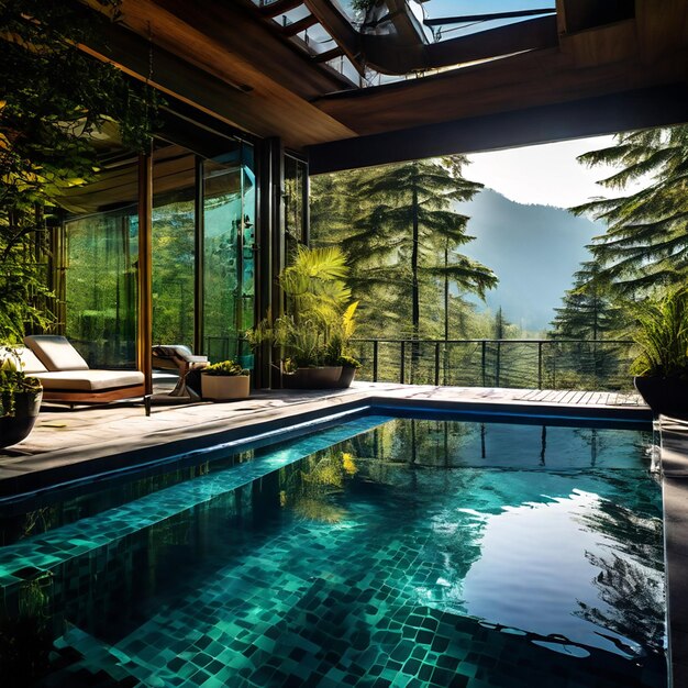 Piscine d'une villa de luxe dans un jardin tropical rendu en 3D