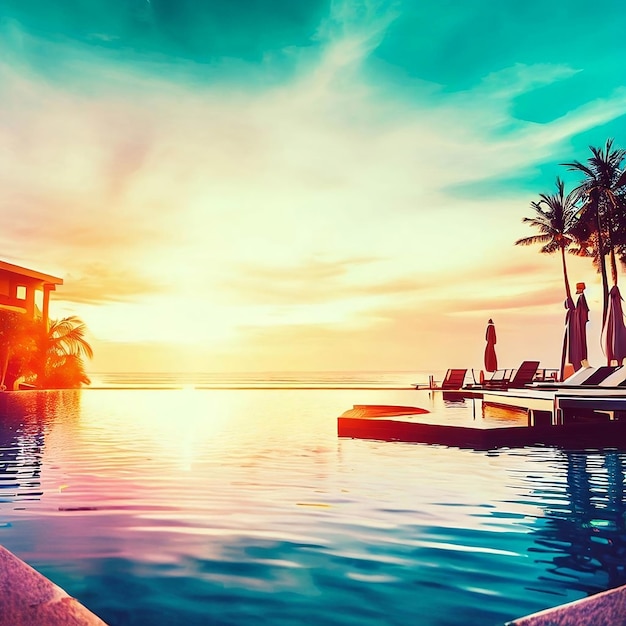 Une piscine avec vue sur un coucher de soleil et des palmiers.