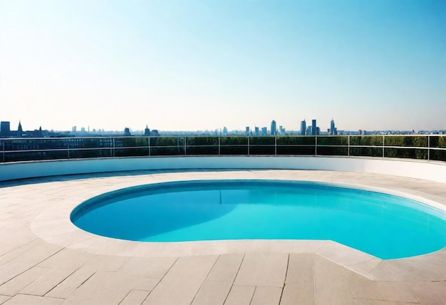 une piscine avec une vue sur l'horizon de la ville