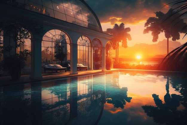 Piscine avec vue sur le magnifique coucher de soleil avec une atmosphère chaleureuse et confortable créée avec une ai générative