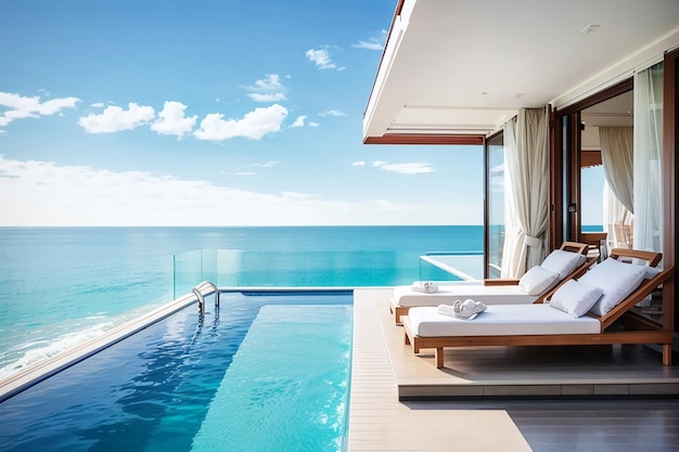 Piscine avec vue sur la mer à côté de la terrasse et lit dans une maison de plage de luxe moderne avec ciel bleu