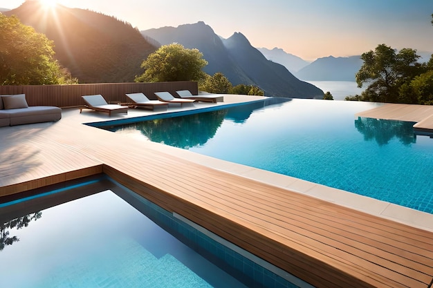 Une piscine avec vue sur les montagnes en arrière-plan