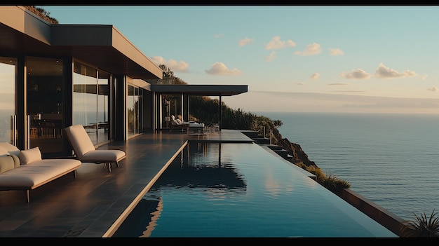 une piscine avec vue sur l'océan et une maison avec vue sur la mer