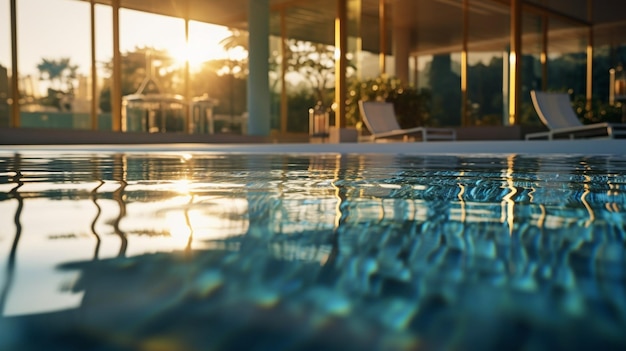 Une piscine avec vue sur le soleil couchant en arrière-plan