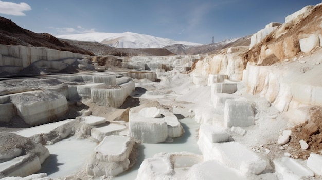 Les piscines blanches de la vallée de Pamukkale sont couvertes de neige blanche.