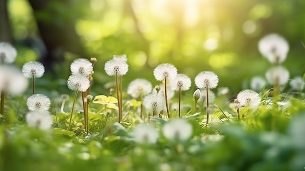 Pissenlits blancs moelleux fond de printemps flou vert naturel