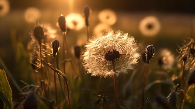 Pissenlits dans un champ au coucher du soleil générative ai