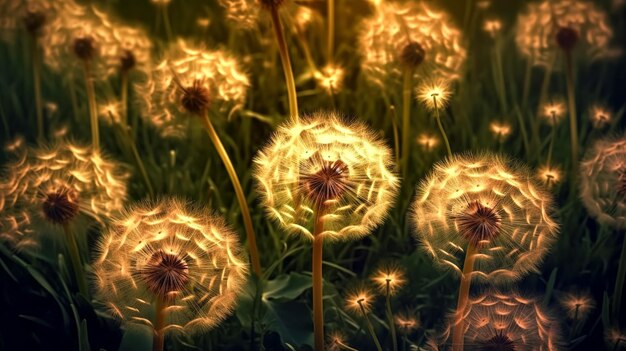 Des pissenlits dans un champ au coucher du soleil