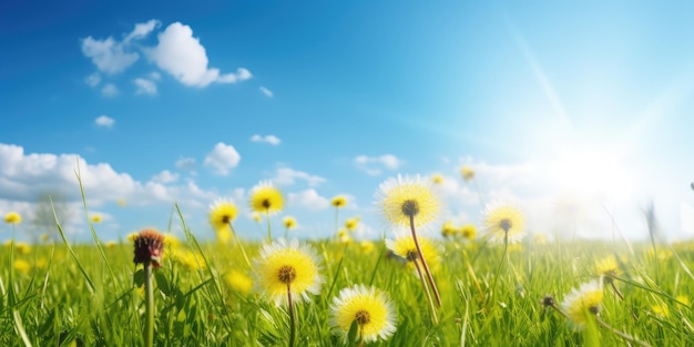 Pissenlits dans un champ avec le soleil qui brille sur le ciel bleu