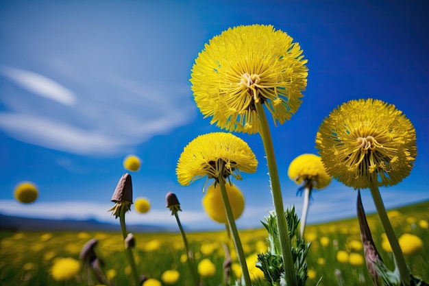 Pissenlits jaune vif dans le pré de fleurs au printemps contre le ciel bleu créé avec l'IA générative