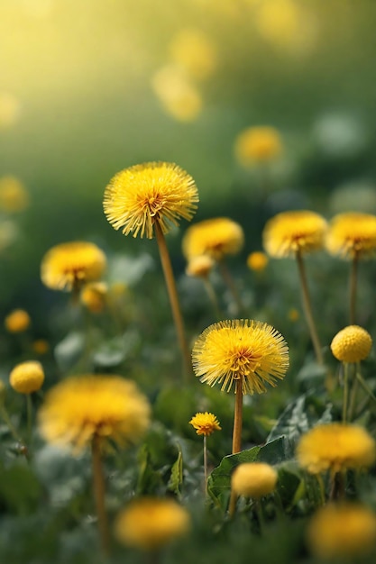 Des pissenlits jaunes dans la prairie en gros plan