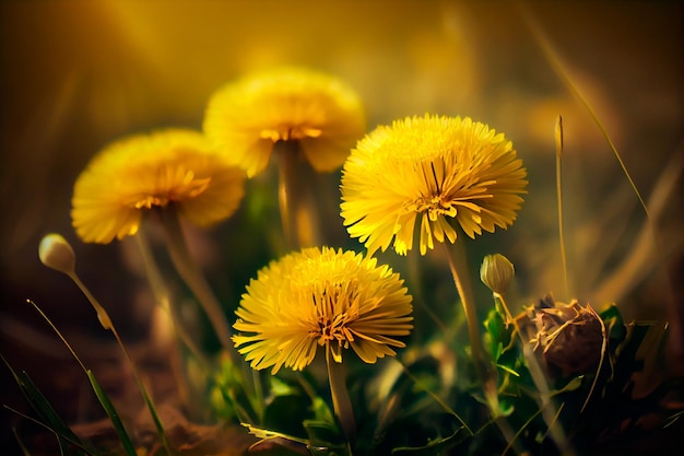 Pissenlits jaunes en fleurs dans la nature dans une prairie ensoleillée pendant un printemps ou un été chaud AI générative