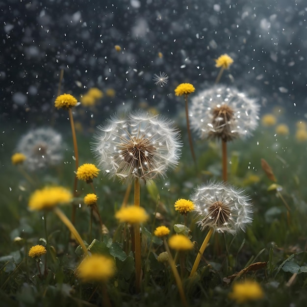 Pissenlits des prés au milieu des flocons de neige qui tombent