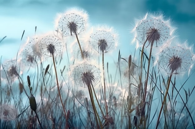 Pissenlits soufflant dans le vent avec un fond bleu.