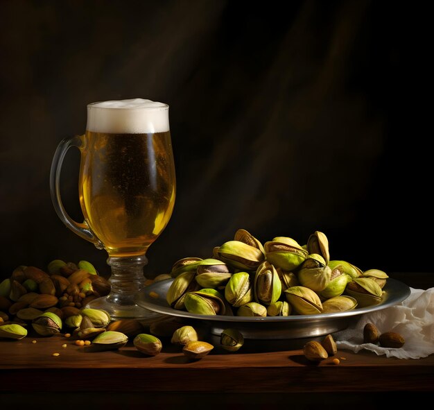 Pistaches sur assiette et bière dans un verre haute résolution