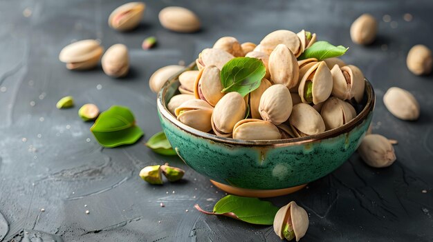 Pistaches fraîches dans un bol sur une surface sombre gros plan concept de collation saine présentation alimentaire naturelle parfaite pour les utilisations culinaires IA