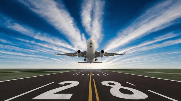 Photo la piste de l'aéroport numéro 28 et l'avion décollent à l'horizon et les nuages de cirrus pittoresques dans le b