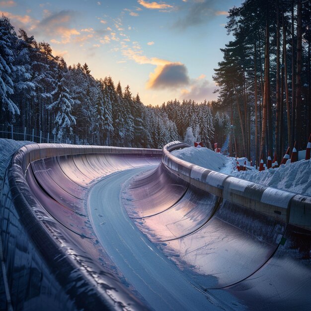 Photo une piste de bobsleigh passionnante dans la forêt enneigée