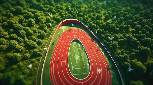 une piste de course rouge vibrante entourant un stade vert luxuriant la piste d'un angle élevé pour montrer son chemin sinueux autour du stade