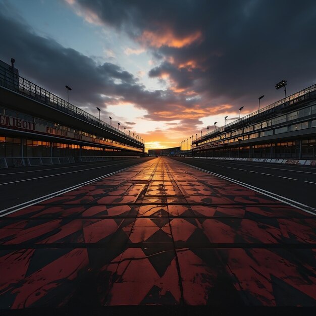 une piste de course vide au coucher du soleil