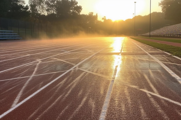 Photo une piste de course vide avec la rosée du matin le sommet du lever du soleil