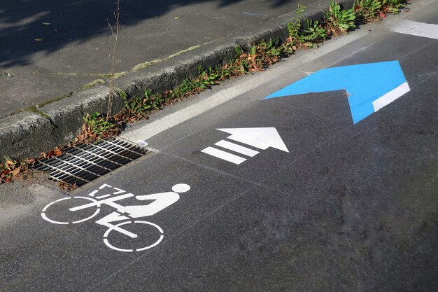 Photo piste cyclable avec flèche peinte sur route