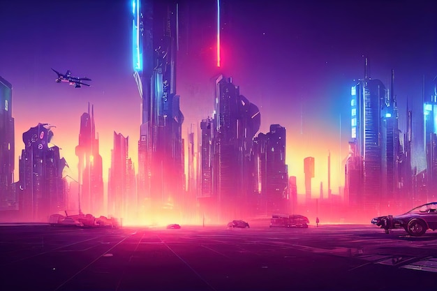 Une piste dans une illustration picturale de ville futuriste cyberpunk