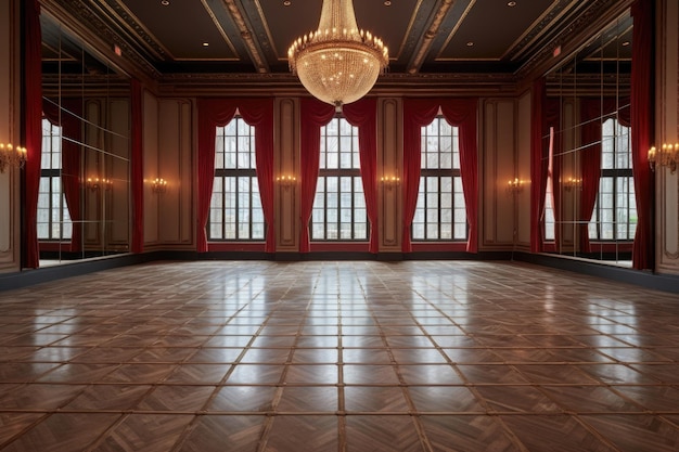 Une piste de danse dramatique et vide dans une salle de bal sophistiquée créée avec l'IA générative