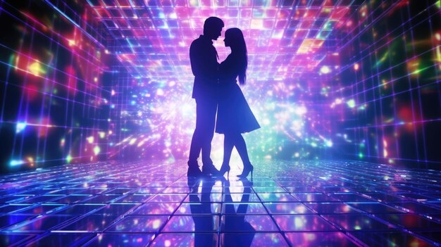 Une piste de danse holographique remplie de couples se déplaçant gracieusement sur des chansons d'amour futuristes