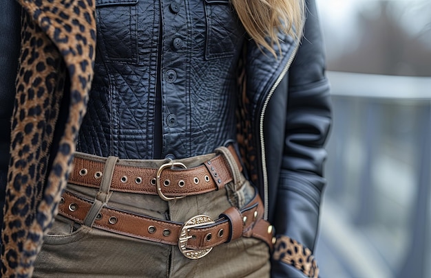 Photo piste d'hiver mettant en vedette une robe féministe avec des accents détaillés de ceinture et d'impression d'animaux jumelés à du cuir noir