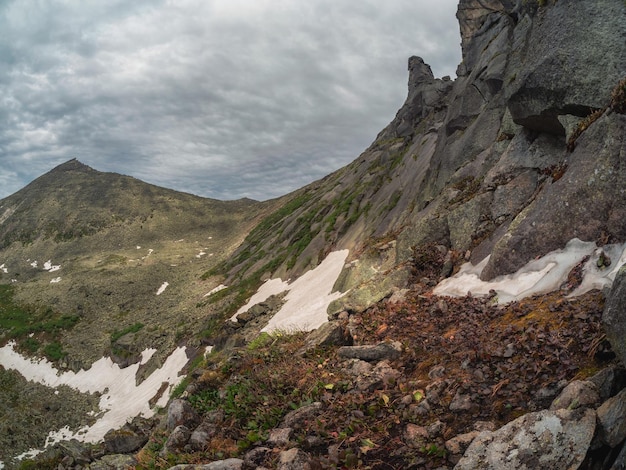 Piste de montagne difficile à travers les Sayans occidentaux kurumnik pierres pavés mousse avec un paysage unique Photographie de paysage d'une rivière en pierre appelée aussi ruisseau en pierre ou mer en pierre